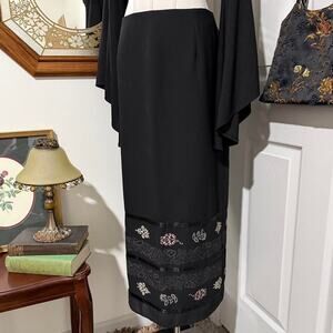 VTG Y2K Sag Harbor Black & Light Pink Floral Boho Hem Pencil Maxi Skirt 14